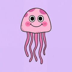 Naklejka premium A cheerful cartoon jellyfish floats against a soft purple background, smiling.