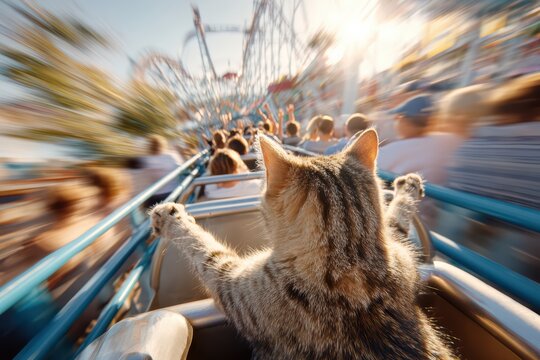 A cat riding a roller coaster alone in front seat