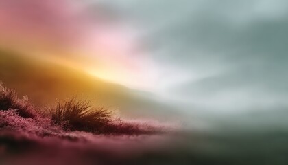 Dreamy Morning Meadow with Pink Foliage and Golden Sunrise in Misty Hills
