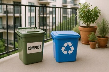Green compost and blue recycling bins on a balcony promote sustainable waste management, with plants adding a touch of nature to urban living