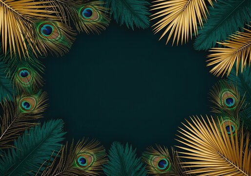 Elegant Art Deco background with a luxury border of peacock feathers and golden palm leaves on a dark green wall.