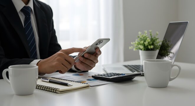 Professional Workspace Setup, Digital Business Management, Remote Work Focus, Online Banking Productivity, Calm Office Environment. - Powered by Adobe