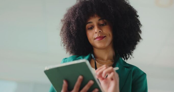 University lecturer, low angle and woman with tablet for planning course, curriculum or education. Tech, stylus or teacher in college class for lesson schedule, learning or grading exam or assessment