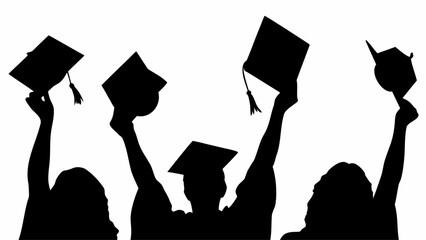 Silhouette of three graduates raising their graduation caps in celebration against a white background scene