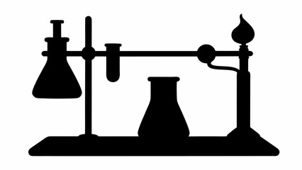 Silhouette of a chemistry set with flasks, test tube, and burner on a stand in black and white style