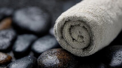 Rolled up beige-colored towel lying on top of a pile of black pebbles. the towel appears to be made of a soft, textured fabric and has a slightly wrinkled texture.