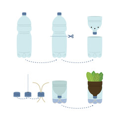 Infographic of self-watering plastic bottle planter on white background. Vertical garden, urban farming concept. Hand-drawn vector illustration