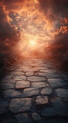 Walking Stone Pathway Leading to Bright Light in Cloudy Sky