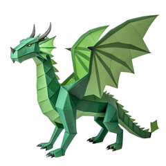 A Facet of Fantasy Intricate Papercraft Dragon in Emerald Green isolated on transparent background