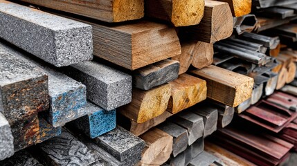 Stacked metal and wooden beams organized in a warehouse, showcasing industrial materials used in construction and manufacturing.
