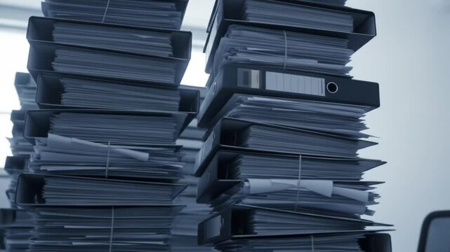Towering stacks of business files and documents in office environment paperwork and bureaucracy