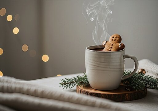 Whimsical Christmas scene: A gingerbread man cookie relaxing in a warm mug of hot chocolate. Cozy winter holiday concept with festive decor. - Powered by Adobe