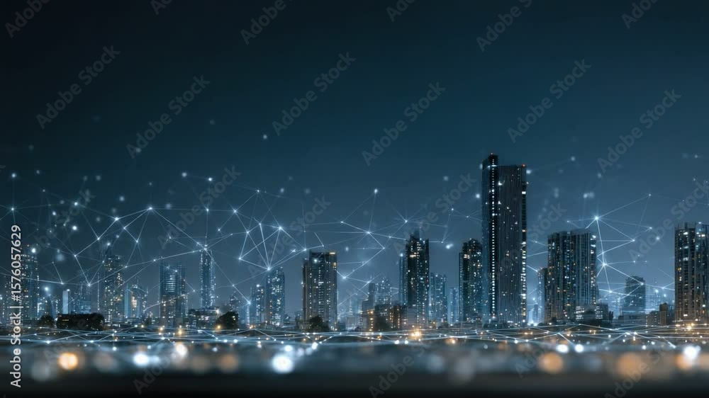 Poster smart city skyline: the cityscape is depicted with interconnected data networks symbolizing smart te