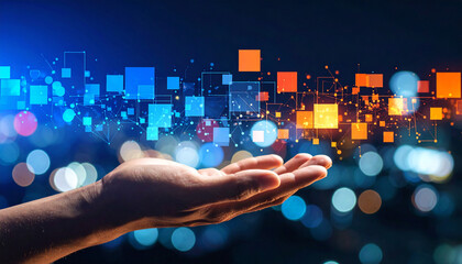 Human Hand with Digital Flow: Symbolizing Data Exchange and Technological Interaction