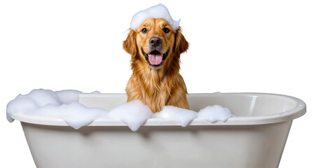 happy golden retriever dog enjoying a bubble bath