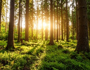 Fototapeta premium Sunlight streams through a dense forest (1)