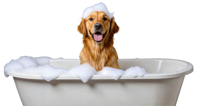 happy golden retriever dog enjoying a bubble bath