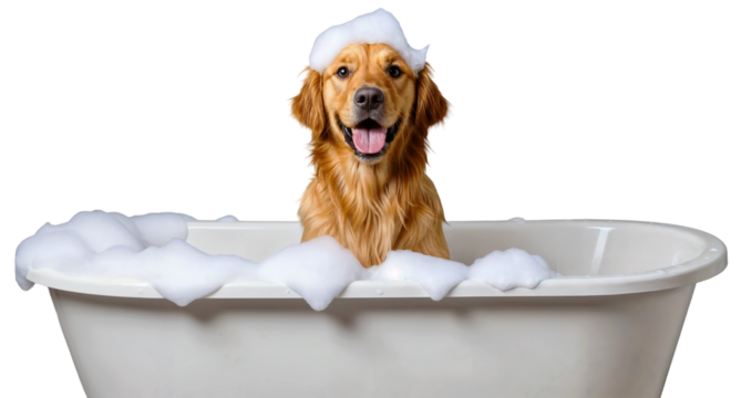happy golden retriever dog enjoying a bubble bath