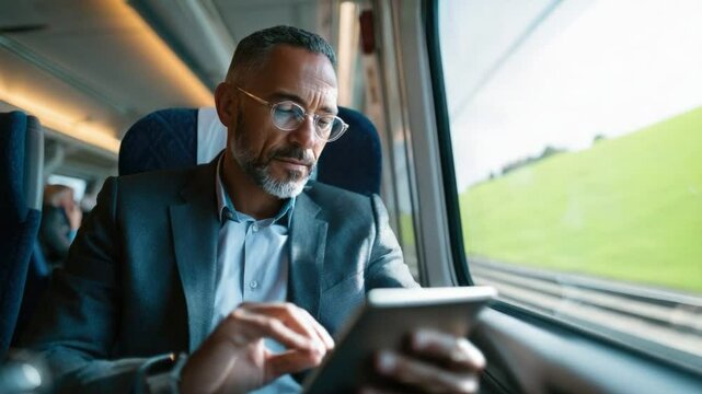 Focused Commute: A distinguished gentleman engrossed in his tablet while traveling on a train, observing scenery outside, capturing modern work life in motion.