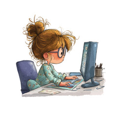 Childlike Sketch of Girl Working on PC – Fun Vector Style