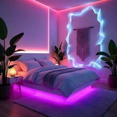 Luxury bedroom interior in blue and purple high resolution photo