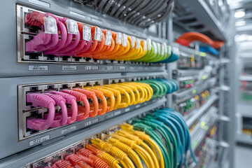 server with fiber optic cables and network cable in data center