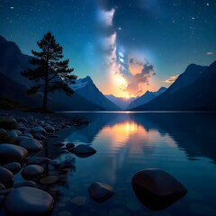 Majestic mountain lake reflection twilight sky high resolution picture