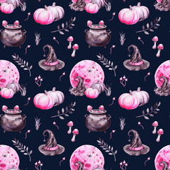 Seamless pattern for Halloween. Hand-drawn with watercolor. Drawn attributes of a magical sabbath: witch hat, pumpkins, poisonous mushrooms, cauldron with potion, spider on web, full moon. Background