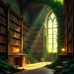 Magical library filled with vines and sunlight high resolution photo
