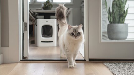 A fluffy cat walks confidently through a modern home interior with light wood floors and a potted plant visible by a glass door.