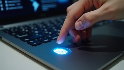 Security Hand using fingerprint biometrics on a scanner integrated into a modern laptop keyboard.
