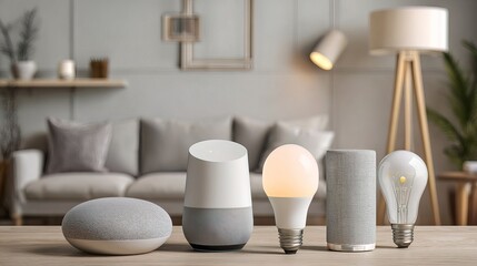 A modern living room with a wooden table featuring four smart home devices and a couch, lamp, and plants in the background.