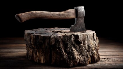 An axe stuck in a log, showcasing rustic craftsmanship and lumber industry themes