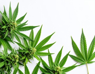 Green cannabis buds and leaves arranged on white background