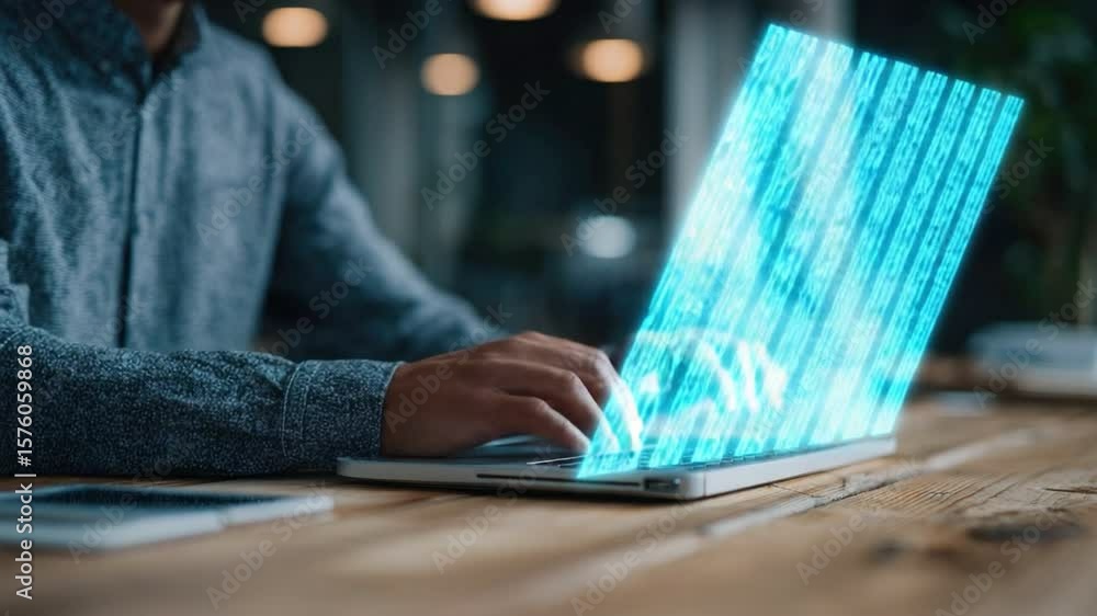 Aufkleber tech luminary: a man is at work with glowing futuristic holographic display, a man working in a dim 