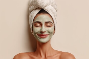 Smiling Woman with Clay Face Mask and Towel Wrap Posing for Natural Skincare and Beauty Ritual Branding