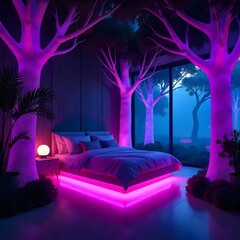 Stylish bedroom with starry mural design high resolution photo
