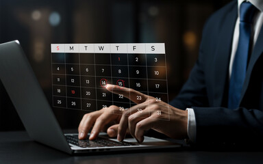 Businessman interacts with a digital calendar on a laptop screen