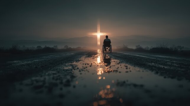 Man in wheelchair reflects on faith beside glowing cross during twilight in a peaceful landscape - Powered by Adobe