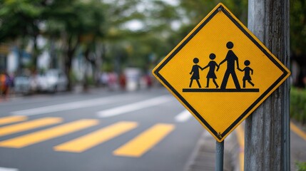 A yellow pedestrian crossing sign depicts an adult and three children holding hands near a zebra crossing on a blurred urban street.
