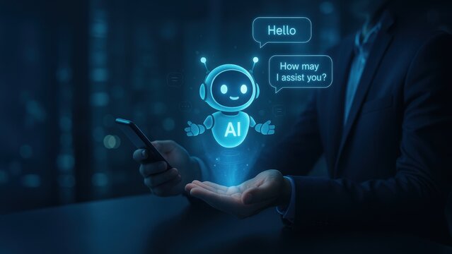 Seated businessman holding phone with holographic robot assistant ai and speech bubbles floats above open palm, showing smart technology, ai interface