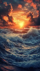 Fototapeta premium Ocean Waves Crashing at Sunset with Dramatic Sky Landscape