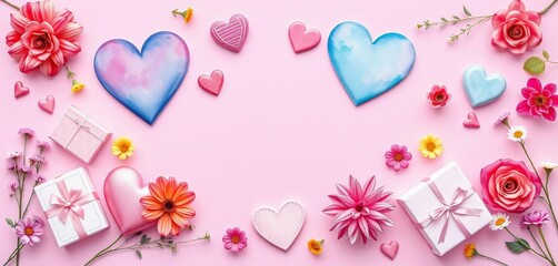 Watercolor hearts, flowers, and whimsical gifts arranged on a soft pink background ,  hearts and flowers, valentines day