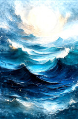 Sunlit Celestial Ocean Waves in Abstract Light, Dreamlike Flow of a Cosmic Sea -Generative AI
