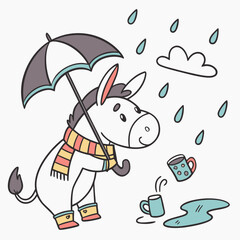 Raindrop Calm themed SVG: Bashful Donkey with with a scarf in a Rainy day environment