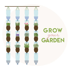 Grow your garden phrase. Set of self-watering plastic bottle planter on white background. Vertical garden, urban farming concept. Hand-drawn vector illustration