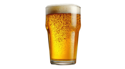 A refreshing pint of golden beer with foam, isolated on white background.