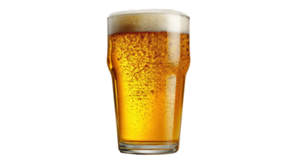 A refreshing pint of golden beer with foam, isolated on white background.
