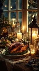 Fototapeta premium Festive Thanksgiving dinner with a beautifully roasted turkey and candles enhancing the cozy atmosphere