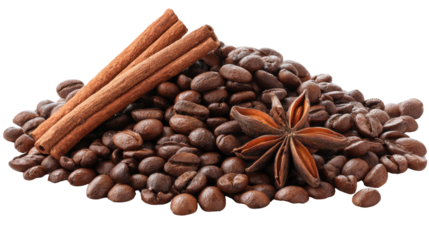 Aromatic coffee beans with cinnamon and star anise on a white isolate background.
